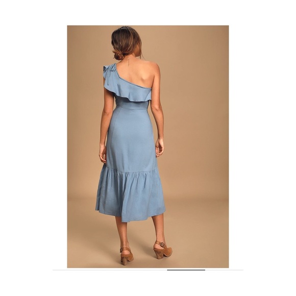 Lulus | One Shoulder Ruffle Midi Dress | Blue | Small - Picture 3 of 11